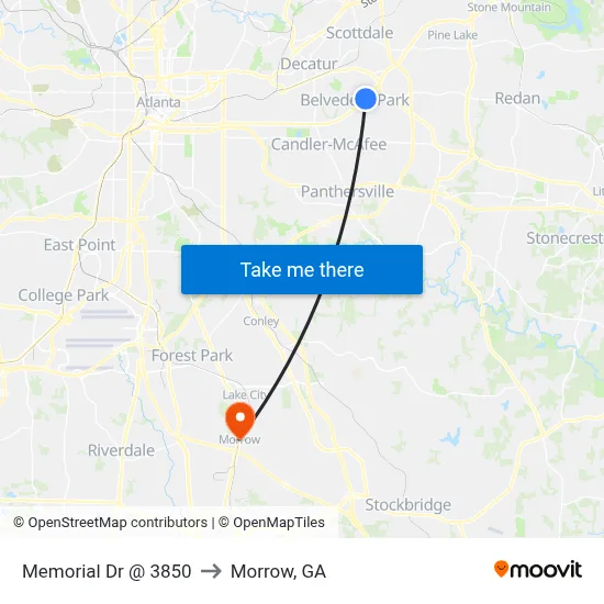 Memorial Dr @ 3850 to Morrow, GA map