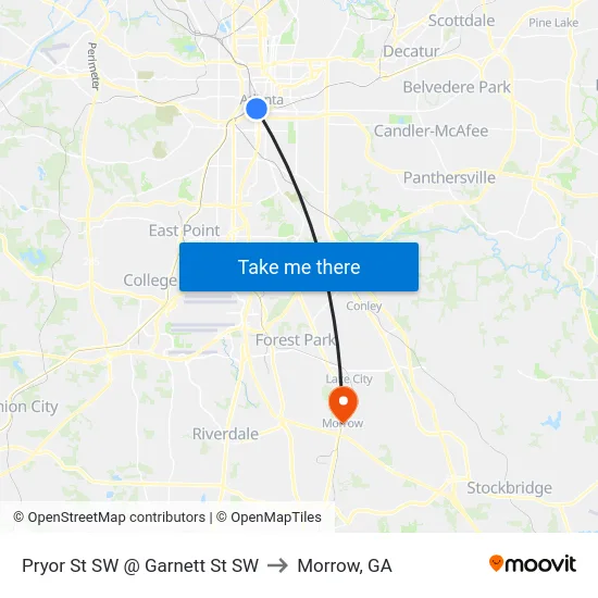 Pryor St SW @ Garnett St SW to Morrow, GA map