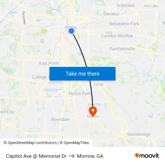 Capitol Ave @ Memorial Dr to Morrow, GA map