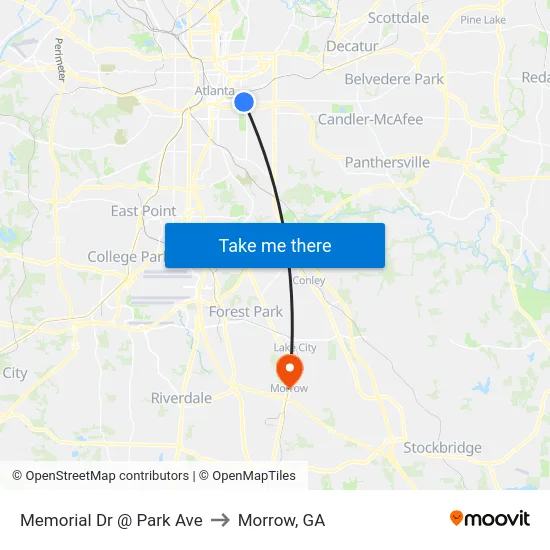 Memorial Dr @ Park Ave to Morrow, GA map