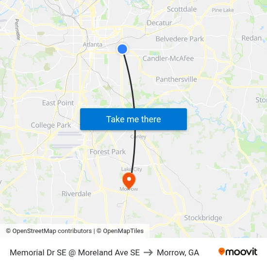 Memorial Dr SE @ Moreland Ave SE to Morrow, GA map