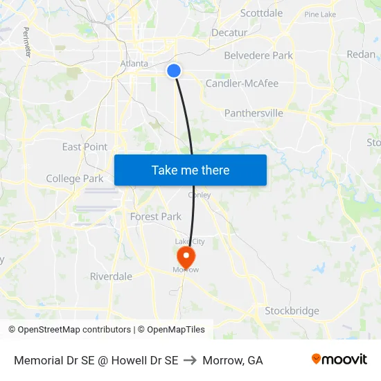 Memorial Dr SE @ Howell Dr SE to Morrow, GA map
