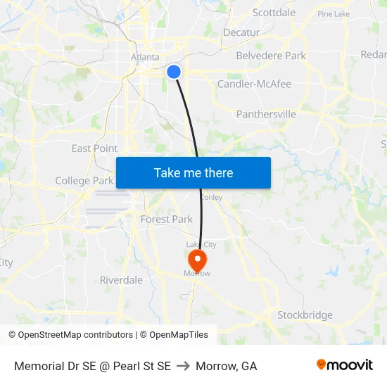 Memorial Dr SE @ Pearl St SE to Morrow, GA map