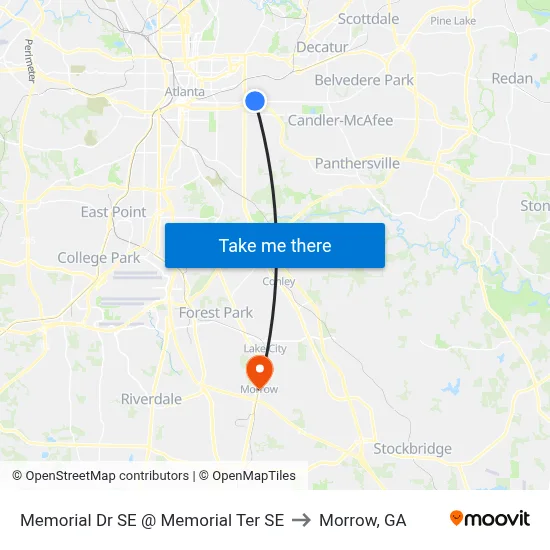 Memorial Dr SE @ Memorial Ter SE to Morrow, GA map