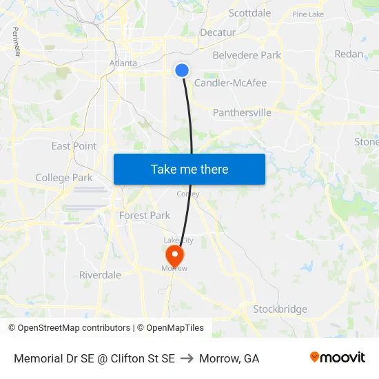 Memorial Dr SE @ Clifton St SE to Morrow, GA map