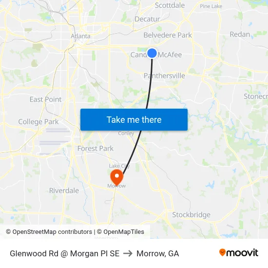 Glenwood Rd @ Morgan Pl SE to Morrow, GA map