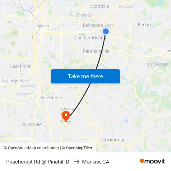 Peachcrest Rd @ Pinehill Dr to Morrow, GA map