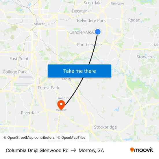 Columbia Dr @ Glenwood Rd to Morrow, GA map