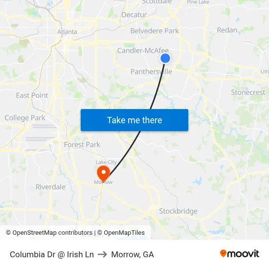 Columbia Dr @ Irish Ln to Morrow, GA map