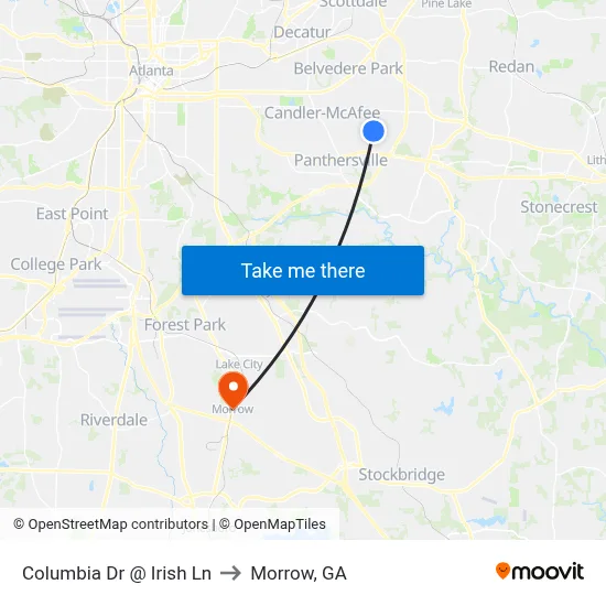 Columbia Dr @ Irish Ln to Morrow, GA map