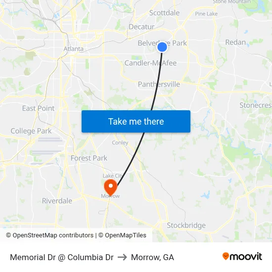Memorial Dr @ Columbia Dr to Morrow, GA map