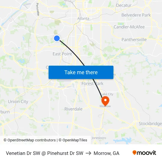 Venetian Dr SW @ Pinehurst Dr SW to Morrow, GA map