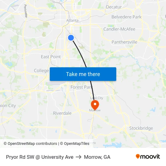 Pryor Rd SW @ University Ave to Morrow, GA map