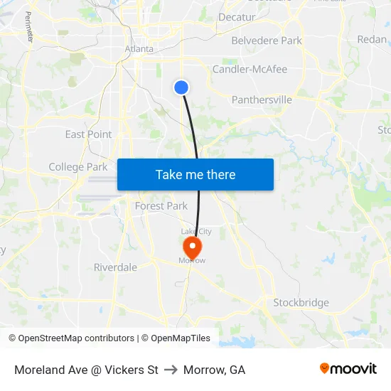 Moreland Ave @ Vickers St to Morrow, GA map