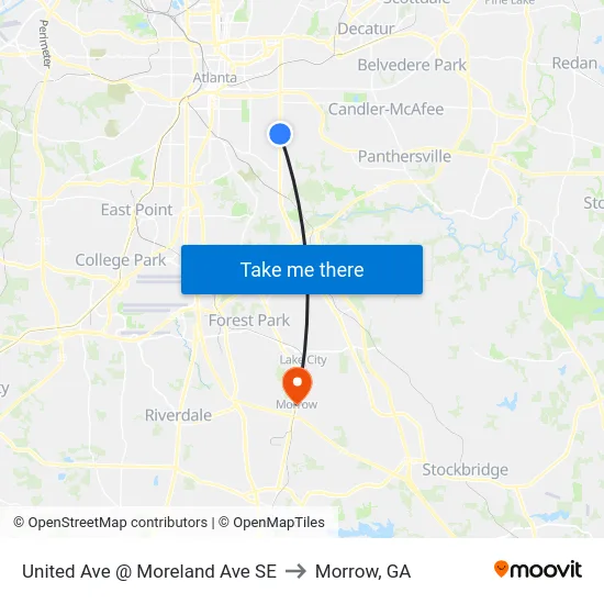 United Ave @ Moreland Ave SE to Morrow, GA map