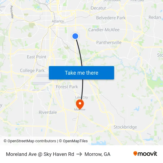 Moreland Ave @ Sky Haven Rd to Morrow, GA map