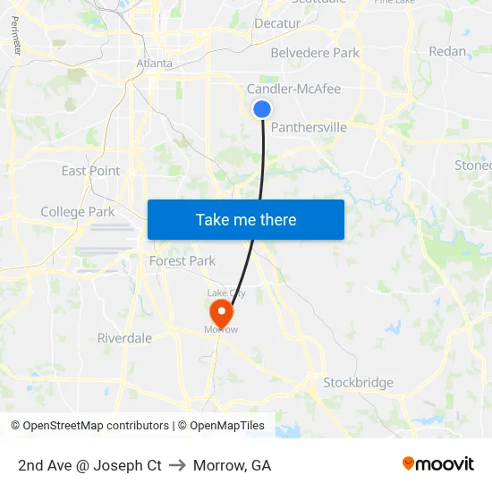 2nd Ave @ Joseph Ct to Morrow, GA map