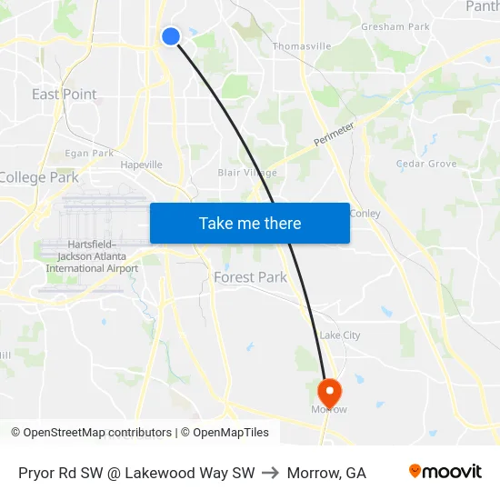 Pryor Rd SW @ Lakewood Way SW to Morrow, GA map