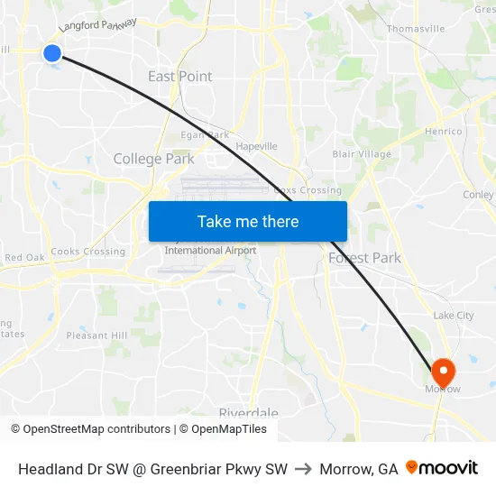 Headland Dr SW @ Greenbriar Pkwy SW to Morrow, GA map