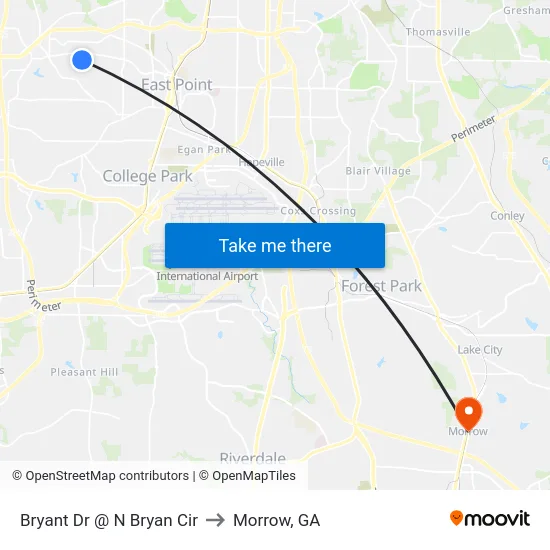 Bryant Dr @ N Bryan Cir to Morrow, GA map
