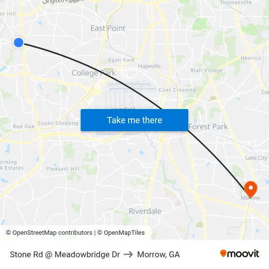 Stone Rd @ Meadowbridge Dr to Morrow, GA map