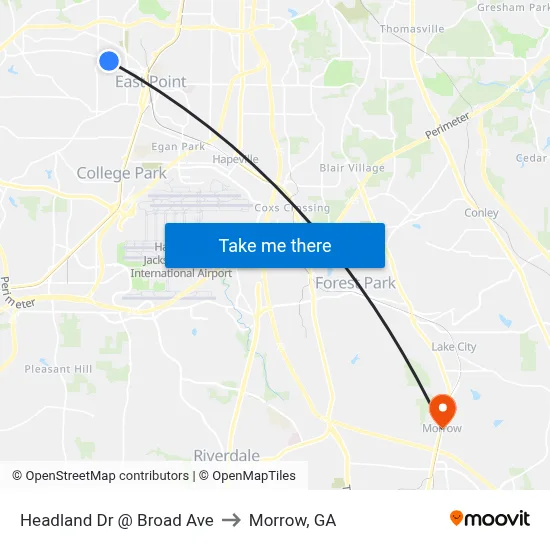 Headland Dr @ Broad Ave to Morrow, GA map