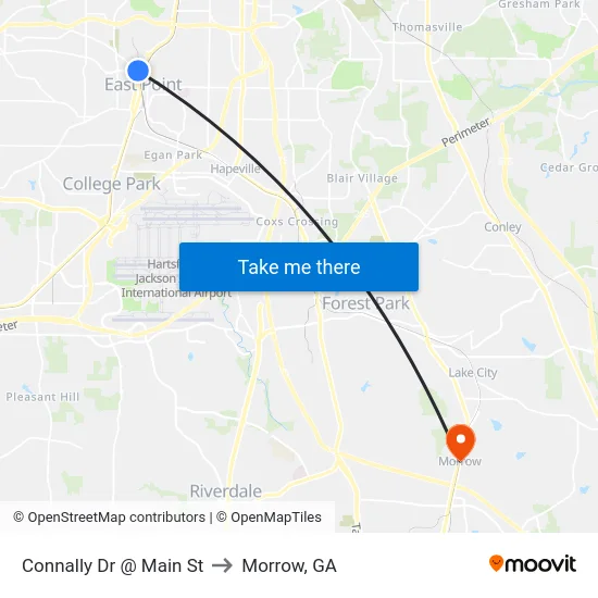 Connally Dr @ Main St to Morrow, GA map