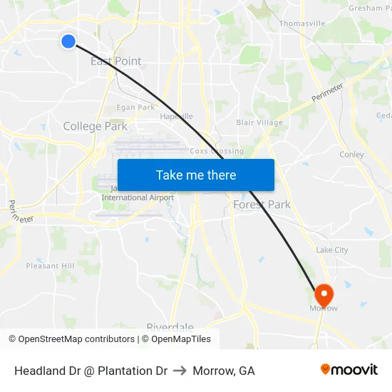 Headland Dr @ Plantation Dr to Morrow, GA map