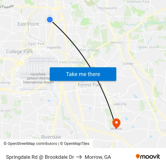 Springdale Rd @ Brookdale Dr to Morrow, GA map