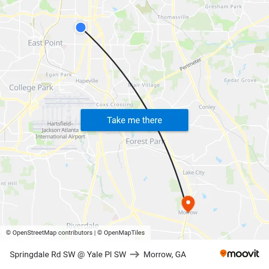 Springdale Rd SW @ Yale Pl SW to Morrow, GA map