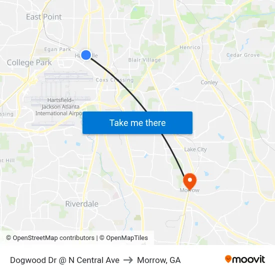 Dogwood Dr @ N Central Ave to Morrow, GA map