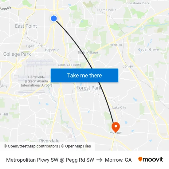 Metropolitan Pkwy SW @ Pegg Rd SW to Morrow, GA map