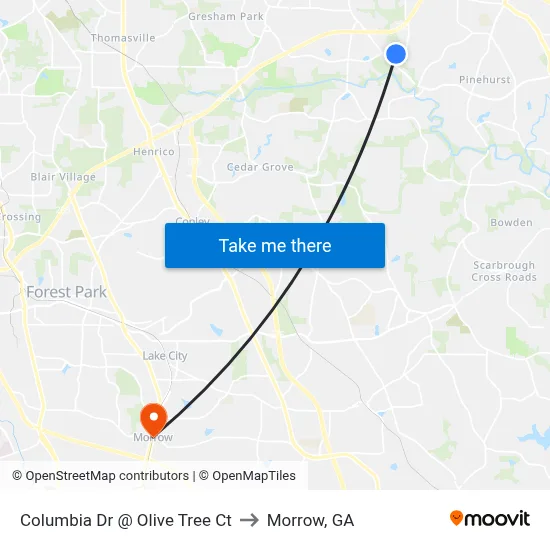 Columbia Dr @ Olive Tree Ct to Morrow, GA map