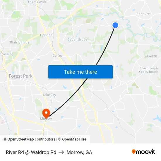River Rd @ Waldrop Rd to Morrow, GA map