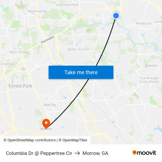 Columbia Dr @ Peppertree Cir to Morrow, GA map