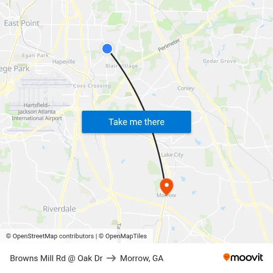 Browns Mill Rd @ Oak Dr to Morrow, GA map