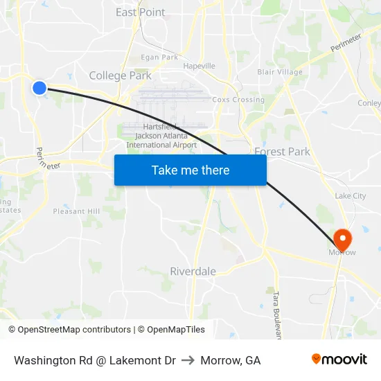 Washington Rd @ Lakemont Dr to Morrow, GA map