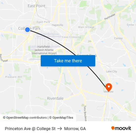 Princeton Ave @ College St to Morrow, GA map
