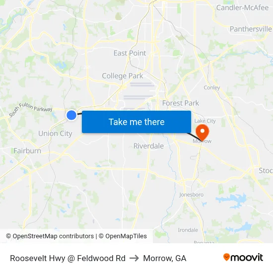 Roosevelt Hwy @ Feldwood Rd to Morrow, GA map