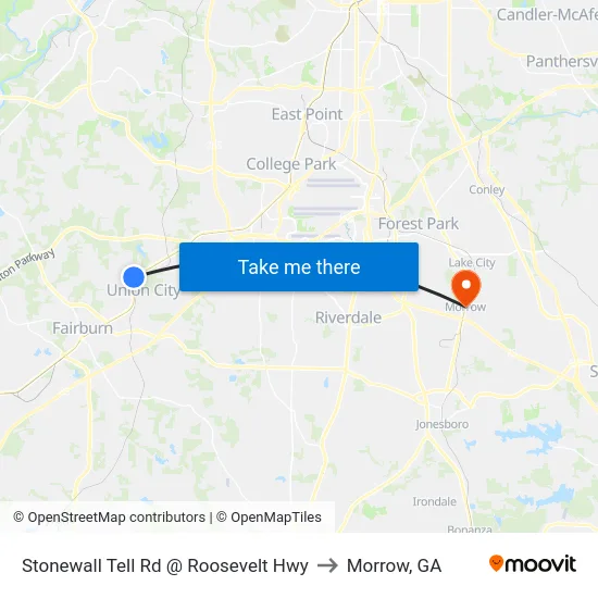 Stonewall Tell Rd @ Roosevelt Hwy to Morrow, GA map