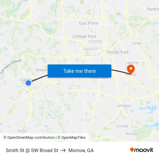 Smith St @ SW Broad St to Morrow, GA map