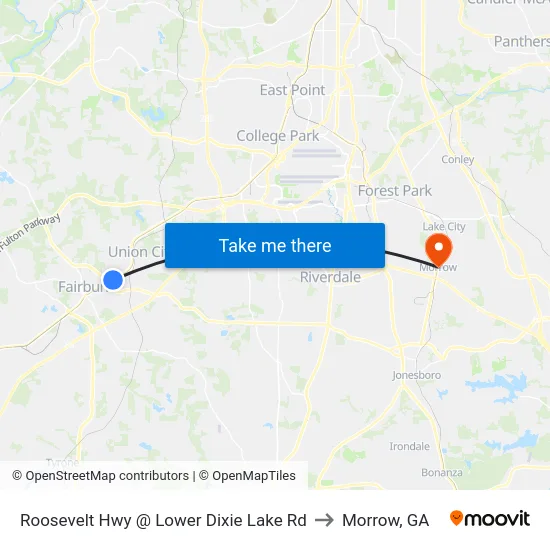 Roosevelt Hwy @ Lower Dixie Lake Rd to Morrow, GA map