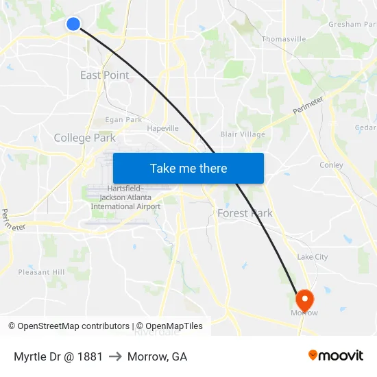 Myrtle Dr @ 1881 to Morrow, GA map