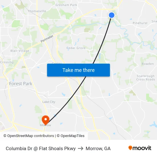 Columbia Dr @ Flat Shoals Pkwy to Morrow, GA map