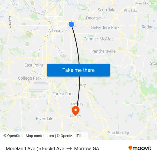 Moreland Ave @ Euclid Ave to Morrow, GA map