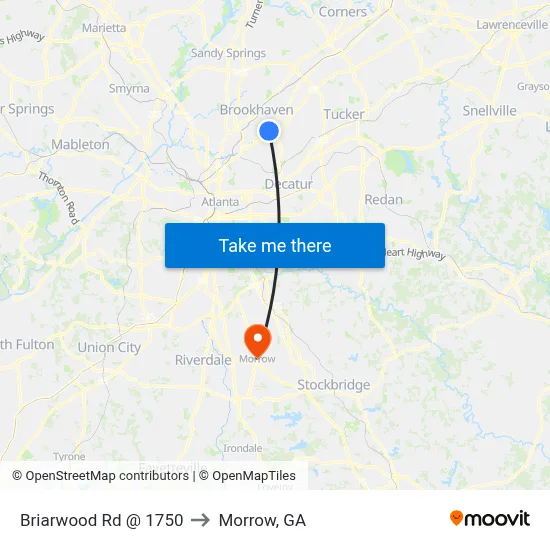Briarwood Rd @ 1750 to Morrow, GA map