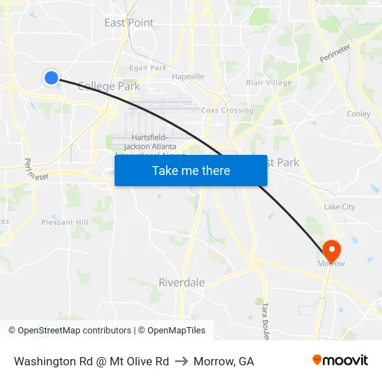 Washington Rd @ Mt Olive Rd to Morrow, GA map