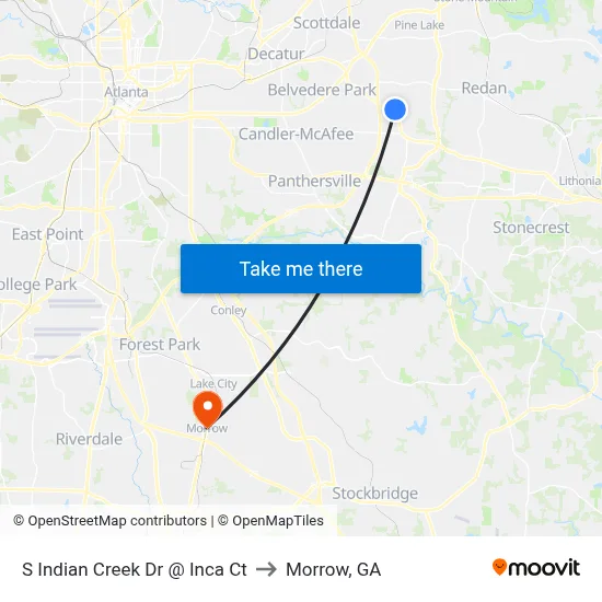 S Indian Creek Dr @ Inca Ct to Morrow, GA map