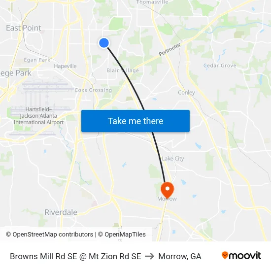 Browns Mill Rd SE @ Mt Zion Rd SE to Morrow, GA map