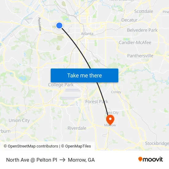 North Ave @ Pelton Pl to Morrow, GA map